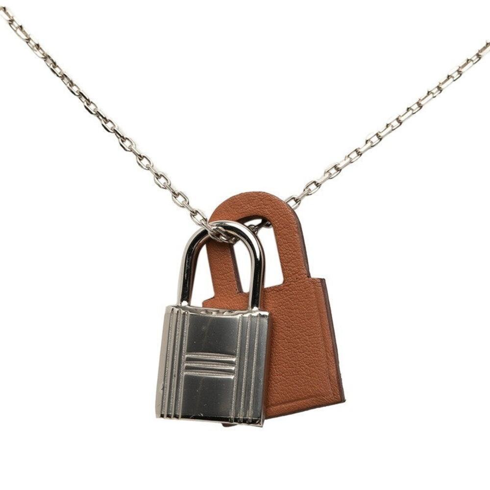 Hermes O'Kelly PM Cadena Motif Pendant Necklace Silver Brown